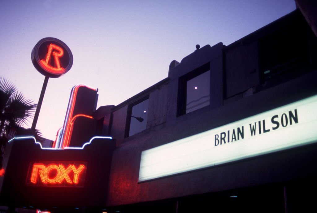 Exterior view of the Roxy Theater, Los Angeles, California, The marquee advertises a performance by Brian Wilson.