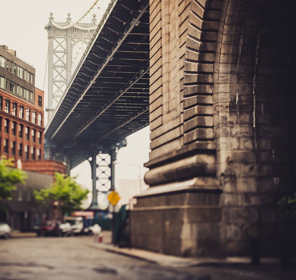 Manhattan Bridge as seen from Brooklyn in New York City, Tilt shift sense was used