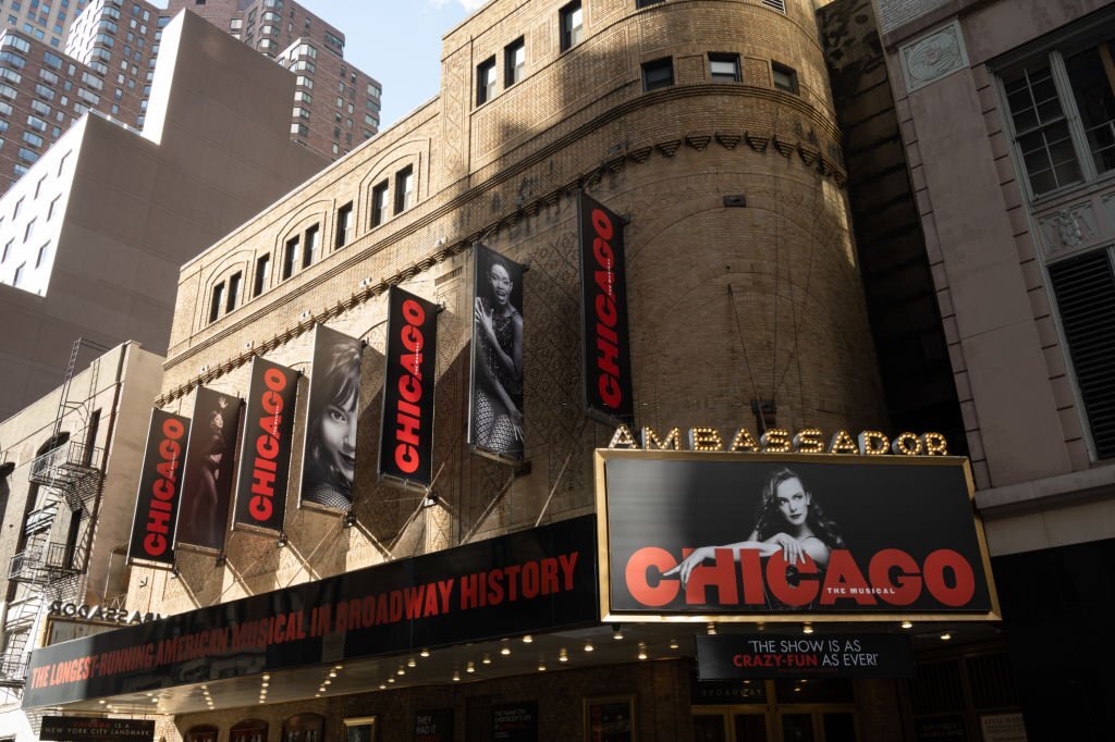 New York, NY, USA - June 9, 2022: The Ambassador Theatre, with Chicago playing.