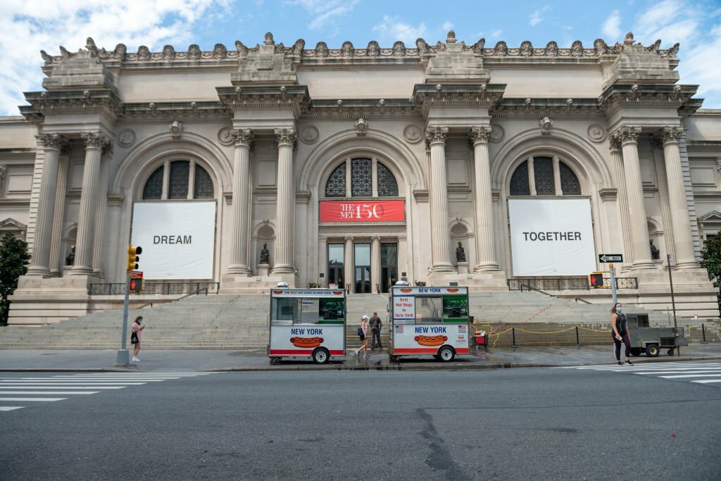 NEW YORK, NEW YORK - AUGUST 23: A view of Yoko Ono's new art installation, Dream Together, is displayed on the facade of The Metropolitan Museum of Art as the city continues Phase 4 of re-opening following restrictions imposed to slow the spread of coronavirus on August 23, 2020 in New York City.