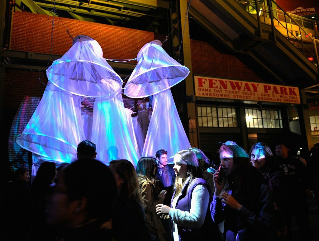 BOSTON, MA - OCTOBER 10: lifeSOURCE by artists Robert Trumbour and John Sakata at ILLUMINUS, a nighttime contemporary art event established in 2014 and taking place in 2015 on Lansdowne Street, home of Fenway Park and the House of Blues. ILLUMINUS features installations and performances by artists who manipulate light, sound, and projection to create an immersive, multi-sensory spectacle. Locally-organized, ILLUMINUS is Bostons contribution to the global nuit blanche movement established in Paris and taking place in cities around the world. This image was taken on October 10, 2015 in Boston, Massachusetts. (Photo by Paul Marotta/Getty Images)