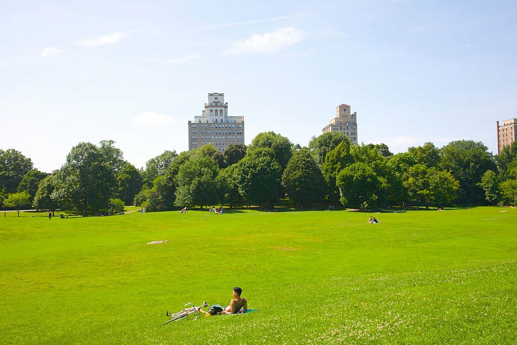 People on lush green lawn of Long Meadow, Prospect Park, facing residential towers of Prospect Park West, Prospect Heights, Brooklyn, Kings County, New York, USA.  Park designed by Frederick Law Olmsted and Calvert Vaux.