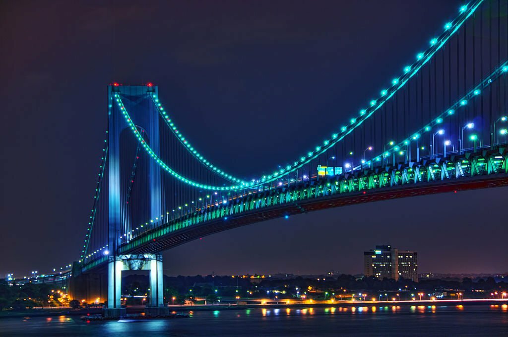 The Verrazano, Narrows Bridge at night. This bridges Brooklyn and Staten Island with the rest of New York City.