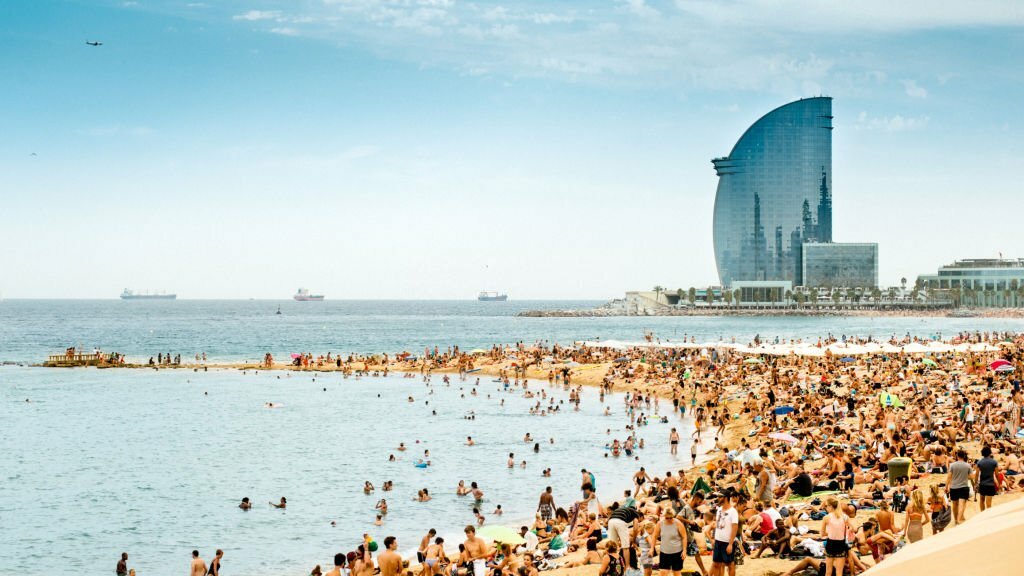 Panoramic image of Barceloneta beach in Barcelona, Catalonia. Spain