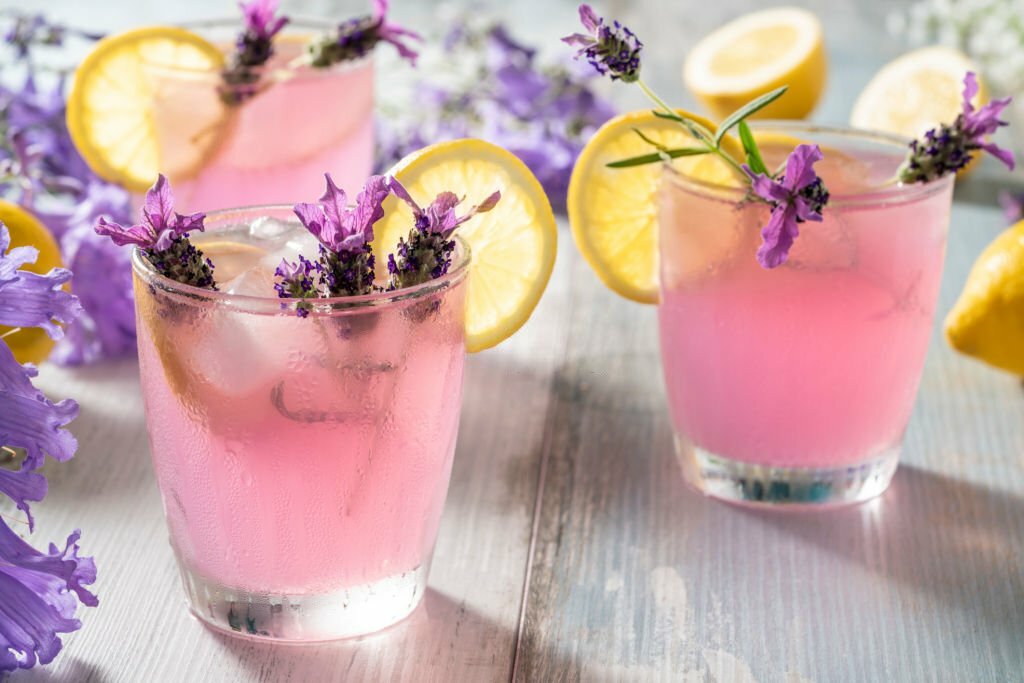 Pink lemonade with lavender flowers infused, ice and lemon slices in pastel color background and purple flowers around