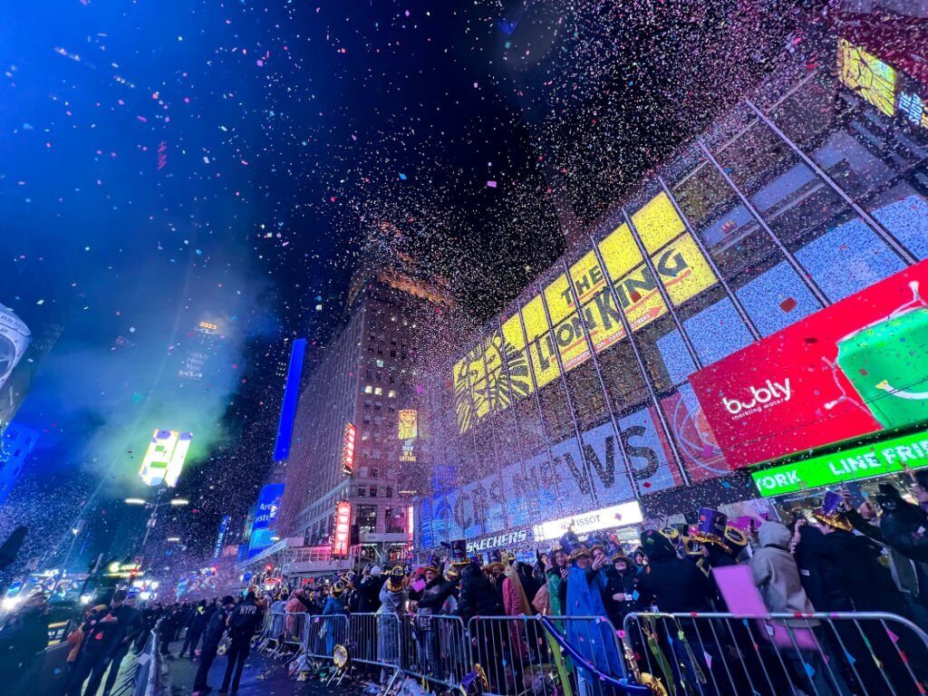 Confetti flies through the air in Times Square just after the annual ball drop January 01, 2023 in New York City.