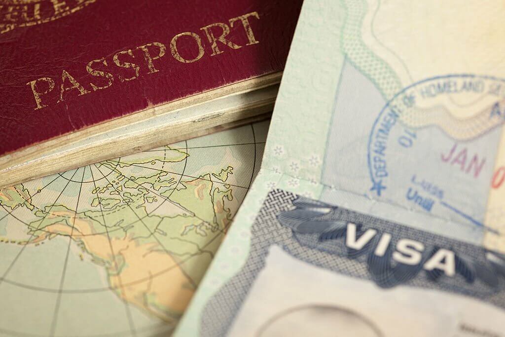 US visa, vintage map and passport background