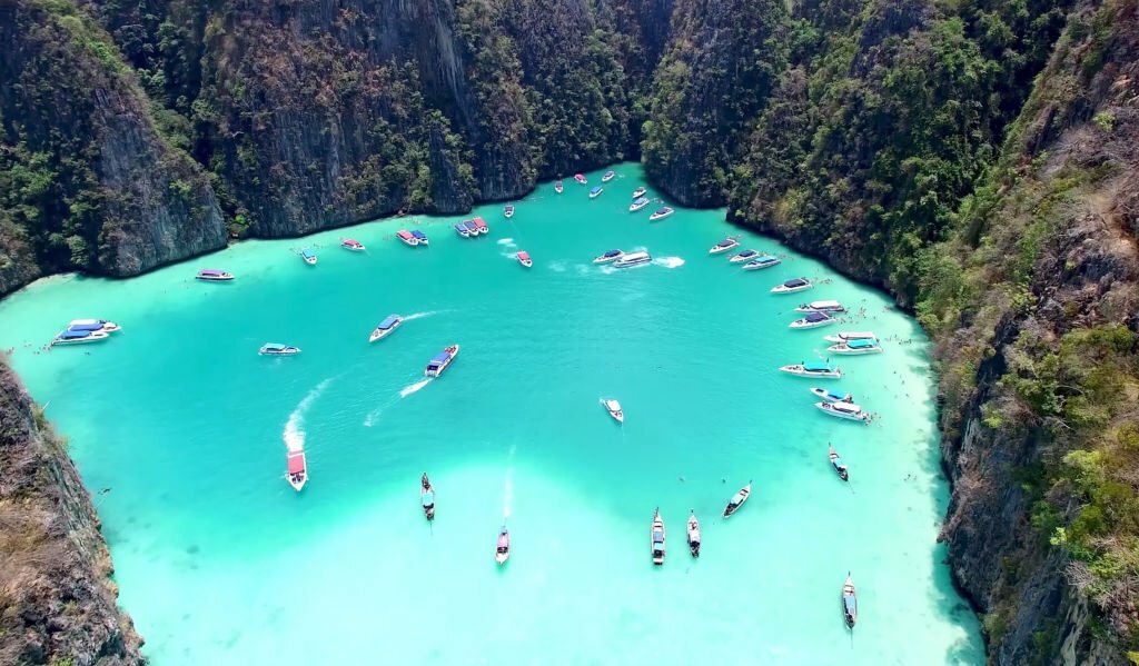 Aerial View of the famous Pileh Lagoon. The small and beautiful Bay is located within the Island Ko Phi Phi Leh just south of the main Island Ko Phi Phi Don.